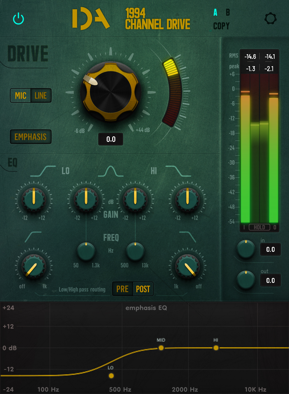 1994 Channel Drive analog channel strip plugin interface with Drive, Emphasis EQ, filters and 4-band console EQ